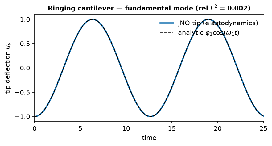 Tip deflection of the jNO elastodynamics solve overlaid on the analytic modal cosine over two fundamental periods; the two curves coincide.
