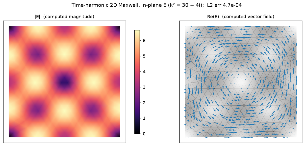 Left: |E|, the computed magnitude, a smooth cellular pattern. Right: the computed Re(E) vector
field, a rotational (curl-type) field.